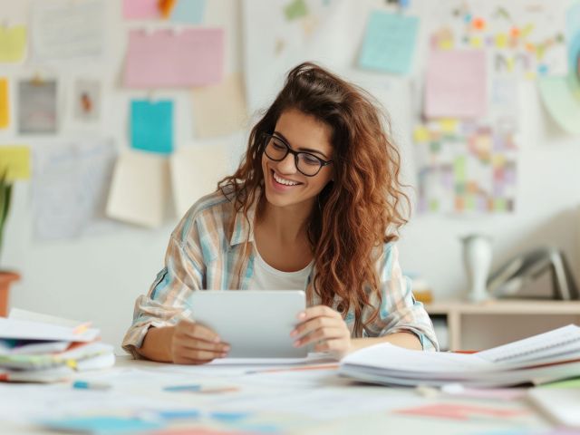 Estudiante concentrado estudiando con apuntes sobre la mesa